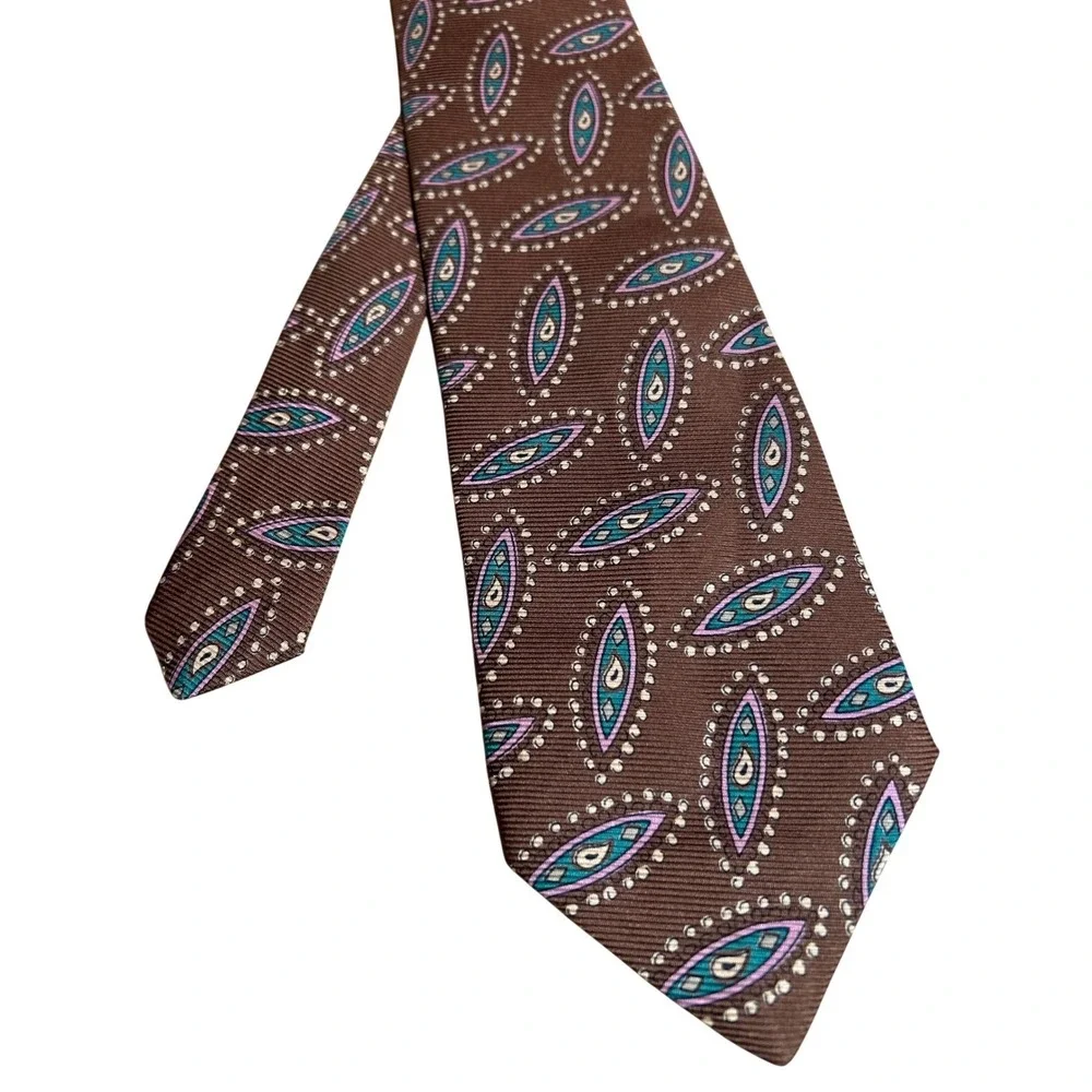 VTG Polo Ralph Lauren 100% Silk Necktie Hand Made in USA Brown Pink Green 3.5